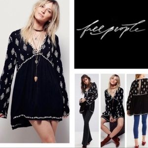 Free People Black Diamond Embroidered Tunic Boho Dress Women’s Size S